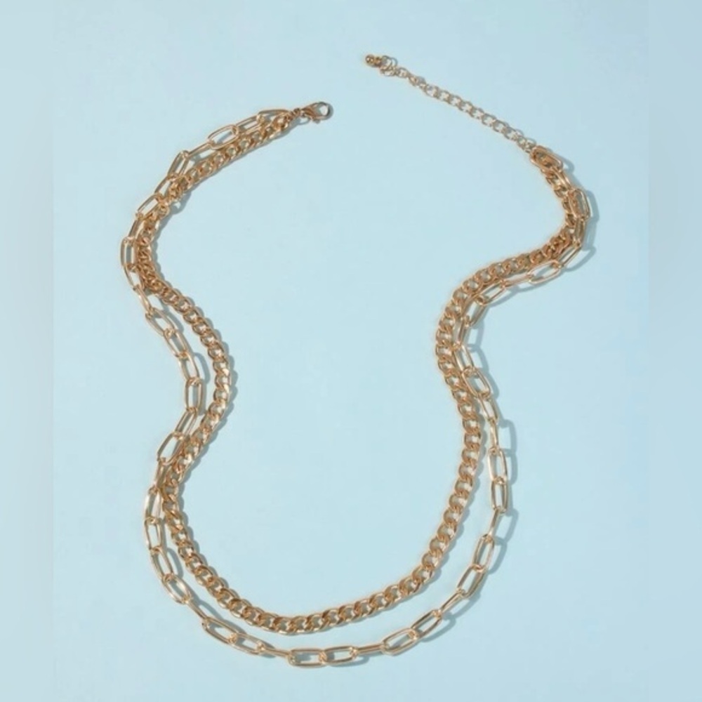 Unisex Double Luxe Gold Chain Necklace Layered Link & Curb Combo